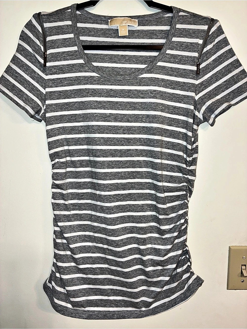 Michael Kors MICHAEL Kors Striped Shoulder-Zip Ruched Tee Striped Shoulder-Zip